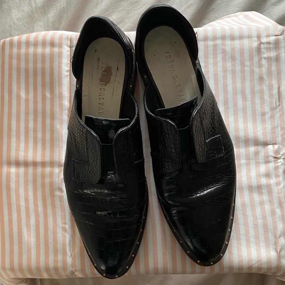 Freda Salvador Laceless Croc d’Orsay leather oxfords black cutout loafers
